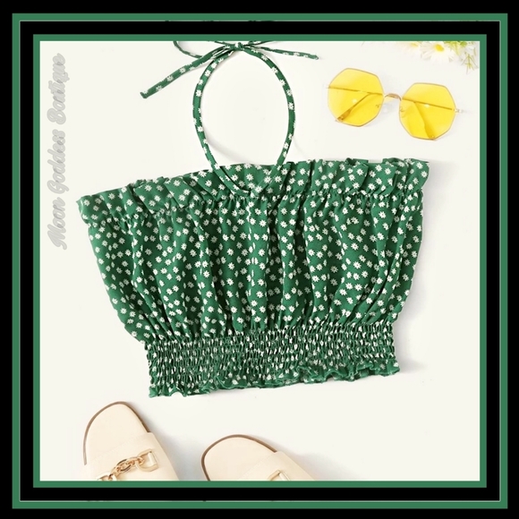 Moon Goddess Boutique Tops - Green Ruffle Trim Shirred Hem Ditsy Floral Top